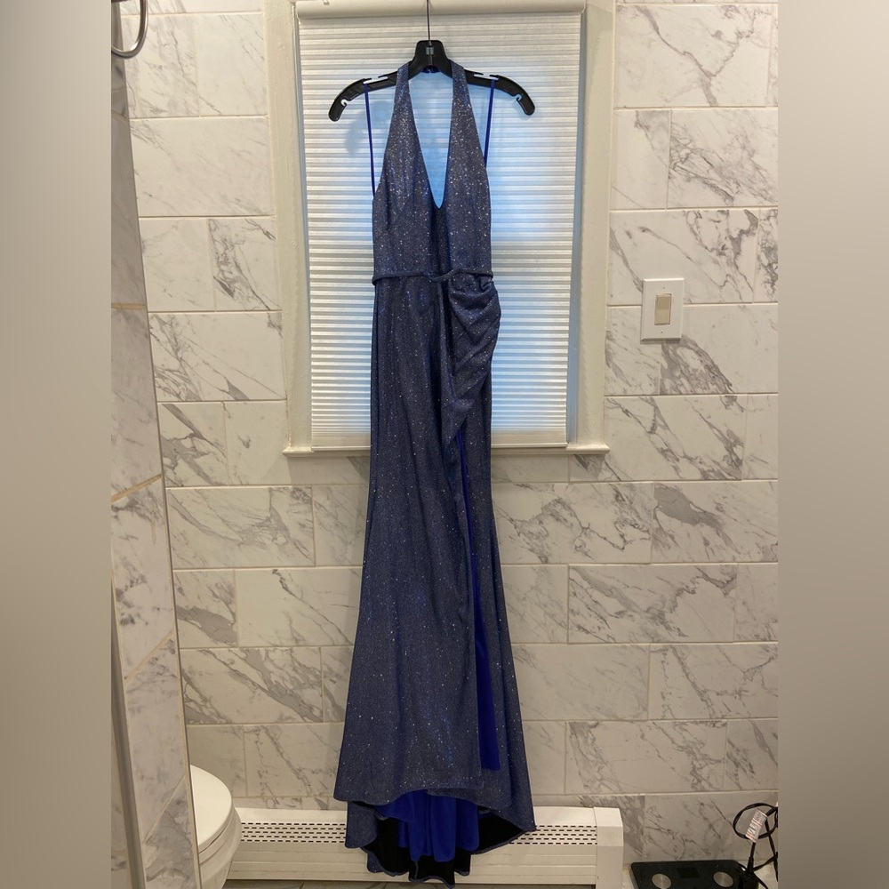 Glittery navy blue halter dress with high slit